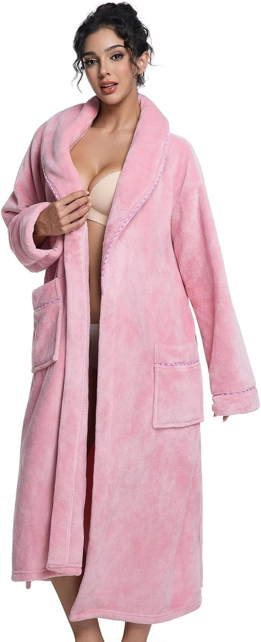 Womens Long Fleece Robe Soft Plush Robes for Women Warm Bathrobes Comfy House Coat Full-length with Pocket