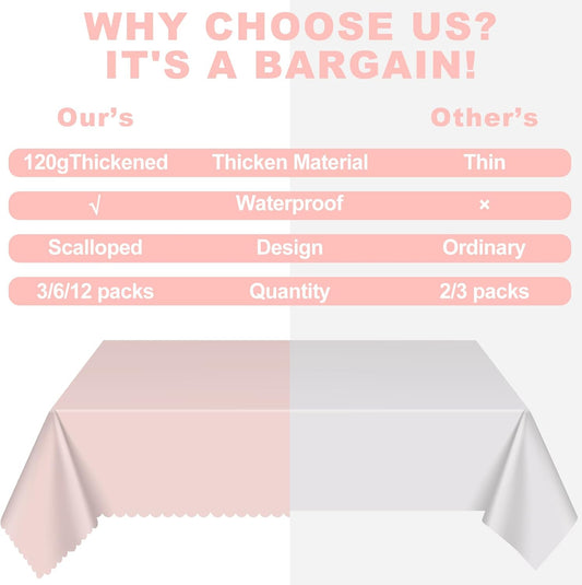 6 Pack Plastic Light Pink Tablecloths, 54 X 108Inch Disposable Spring Tablecloth Scalloped Pink Table Cloth for Rectangle Tables Table Cover for Girls Birthday Baby Bridal Shower Tea Party Wedding