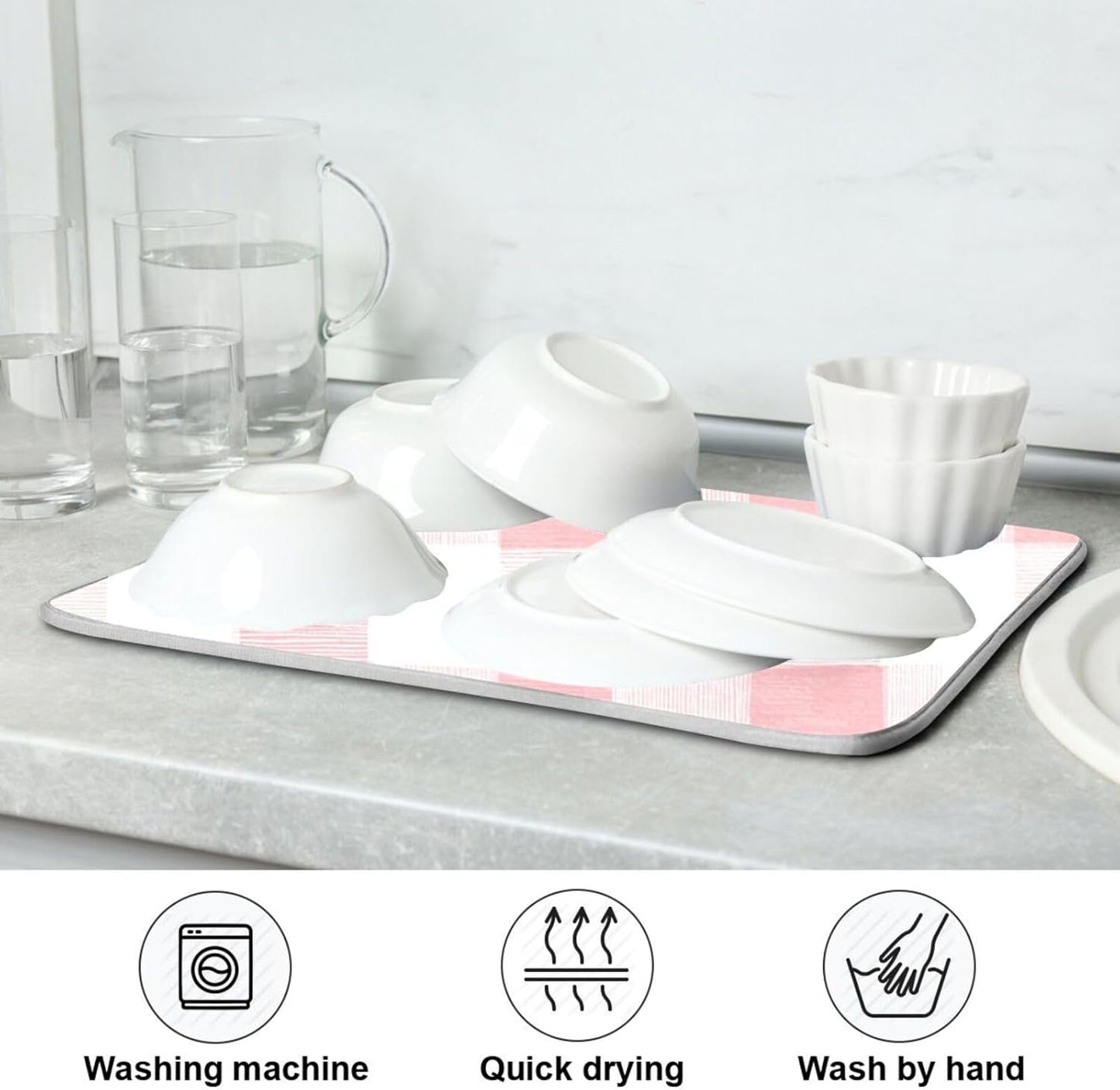 Dish Drying Mat for Kitchen Counter Absorbent Quick Dry Foldable Washable Coffee Bar Mat Dish Drying Pad 16x18in Pinks and White Checkered