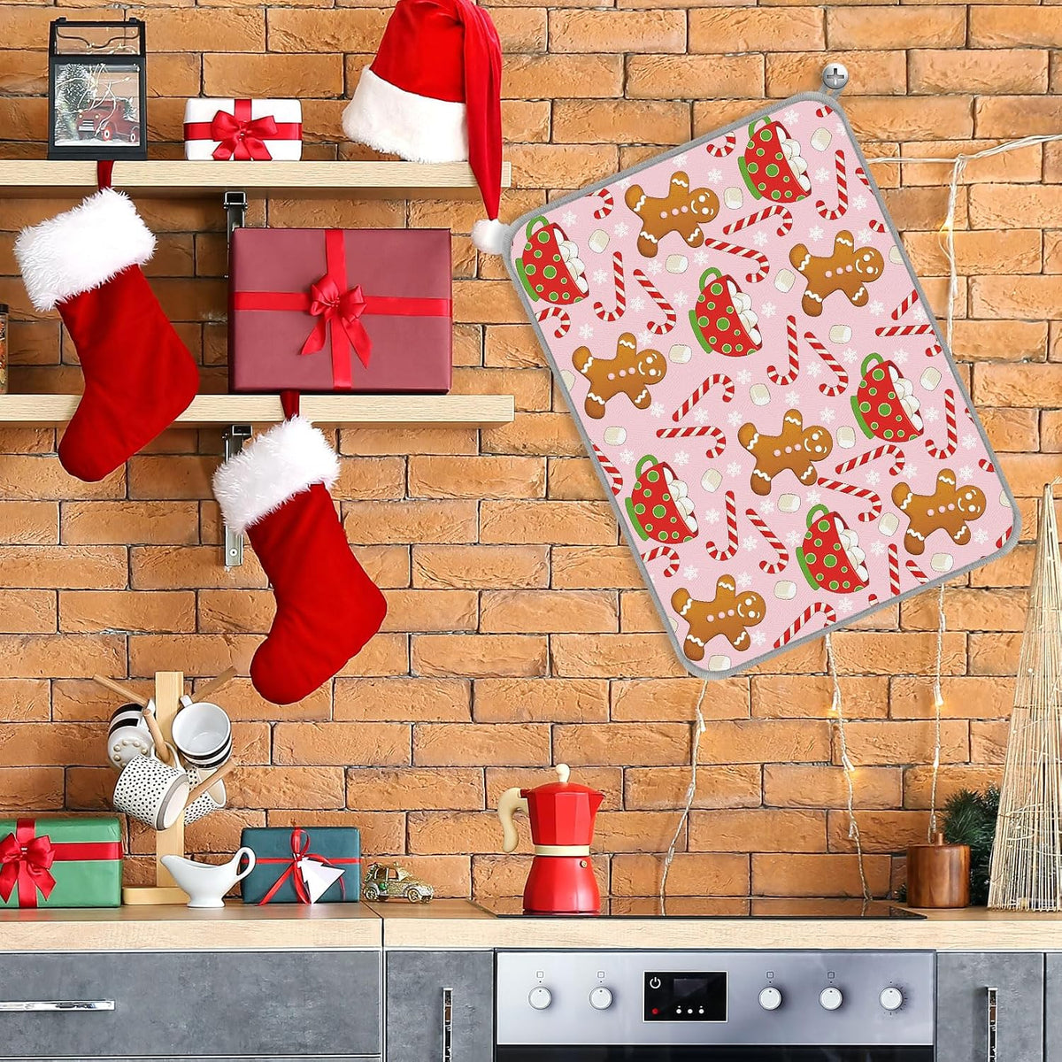 Christmas Dish Drying Mat Pink Gingerbread Candy Cane Absorbent Dish Drainer Protector Pad for Xmas Winter Kitchen Countertop Tableware Decor, 18 x 24 Inch