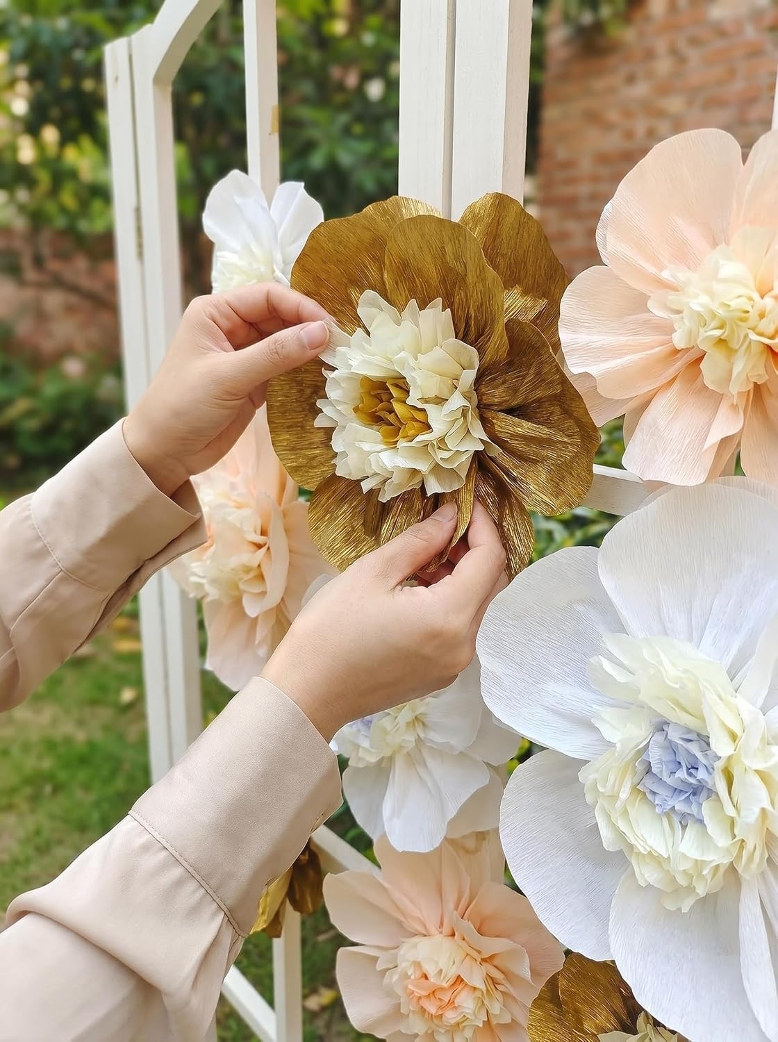 Crepe Paper Flower for Wall Psprt Pom Pom Decor Girls Birthday Party Backdrop Baby Shower Nursery Room Decoration Pack of 9 (Peach Gold White)