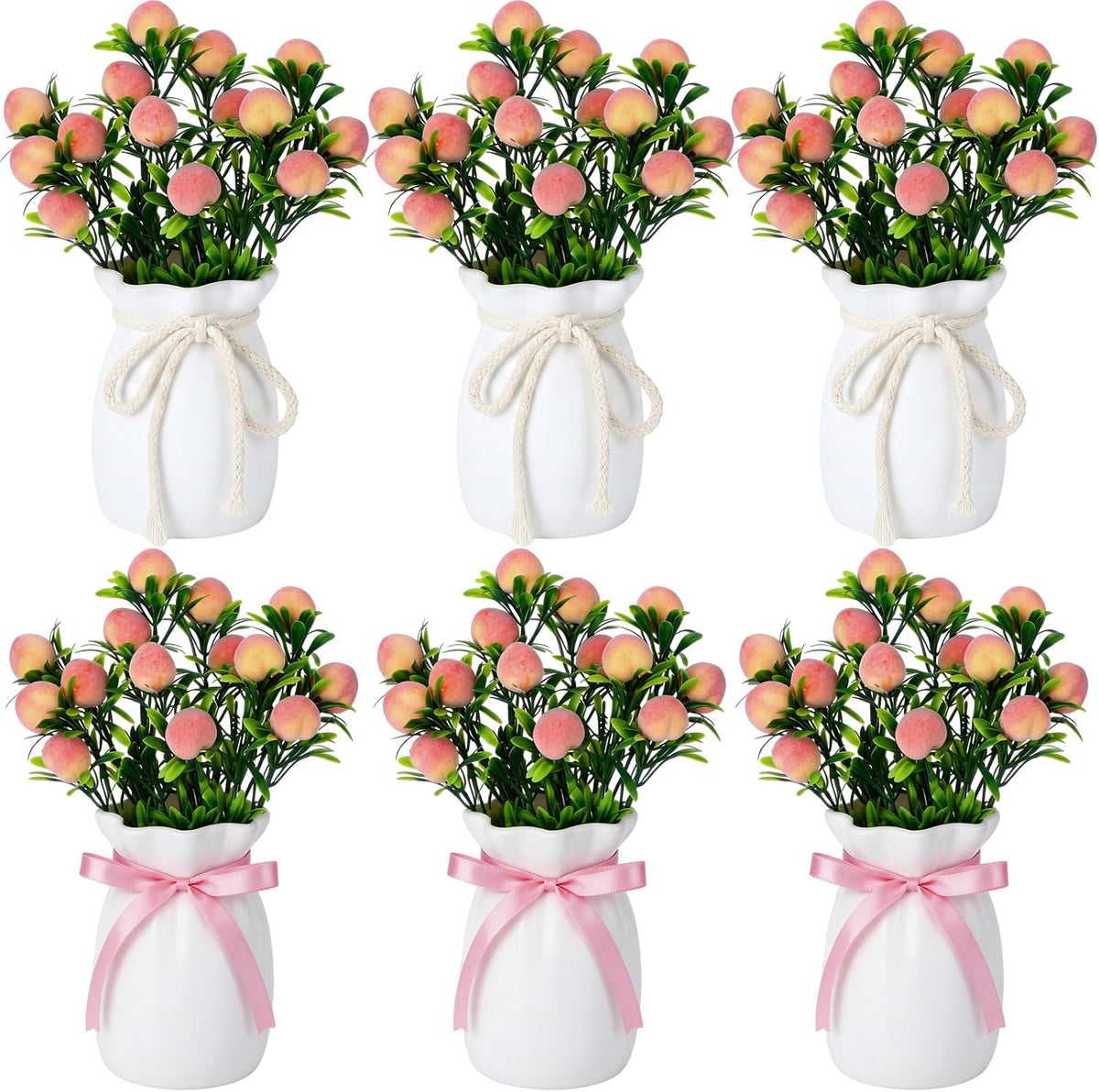 6 Sets Artificial Peach Branches with Vase Ribbon 12.6'' Realistic Faux Fruit Bouquet Fake Stem with Green Leaves Decorative for Home Party Farmhouse Table Decor (Pink, White)