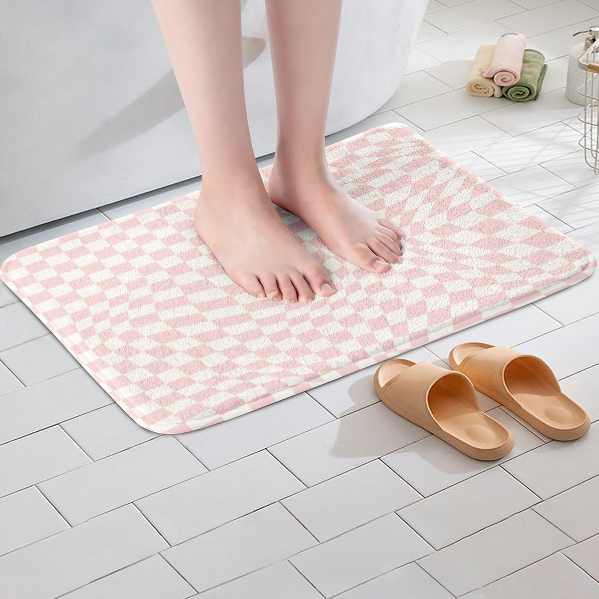 Plaid Bathroom Rugs Microfiber 16"x24" Pink Checkerboard Bath Mats Non-Slip Classic Plaid Bathroom Accessories Aesthetic Grid Floor Doormats Soft Door Mat