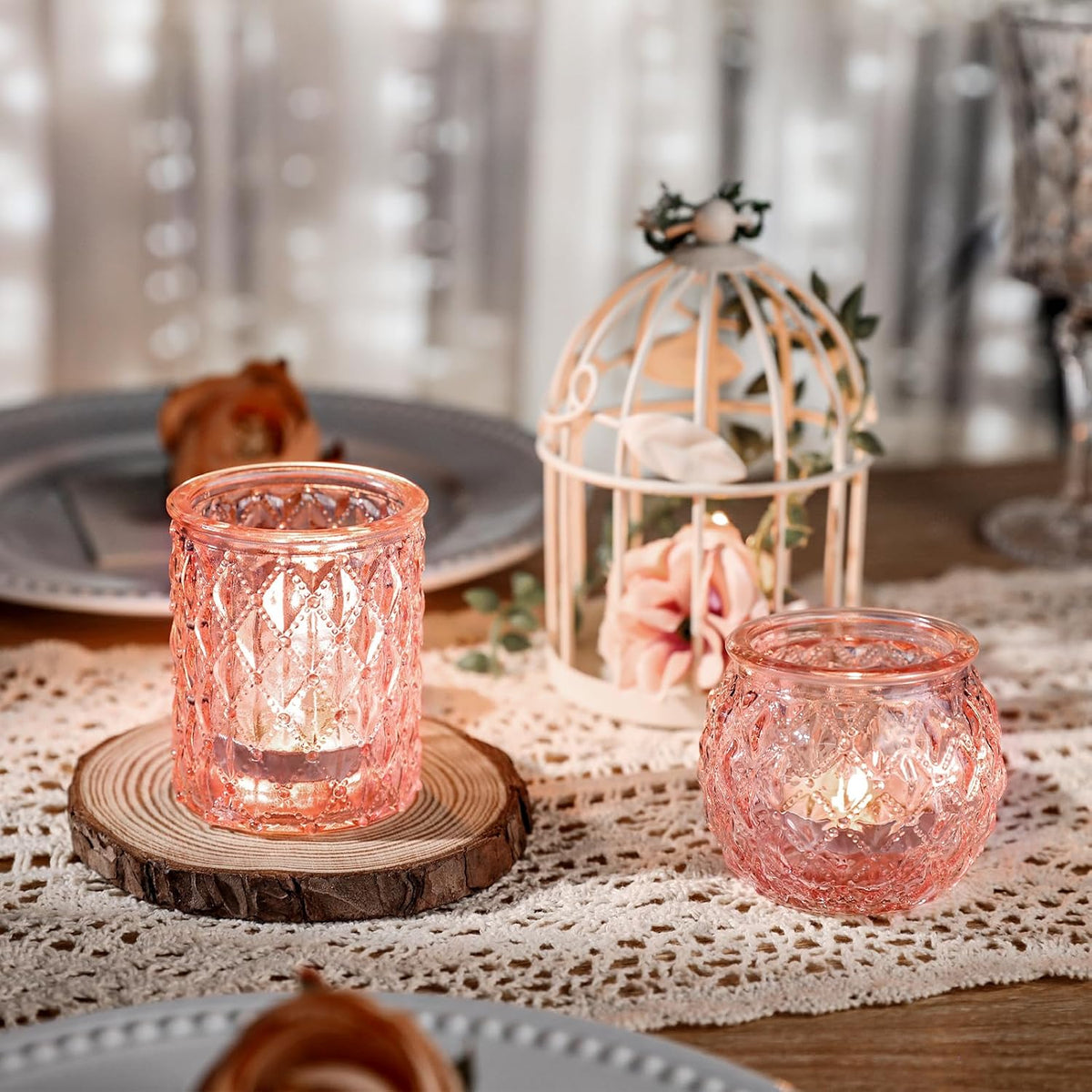 Pink Votive Candle Holders Set of 24- Round Glass Candle Holders Bulk for Flameless LED Tea Waxes, Romantic Candle Holder for Wedding & Various Parties, Home Table Decor