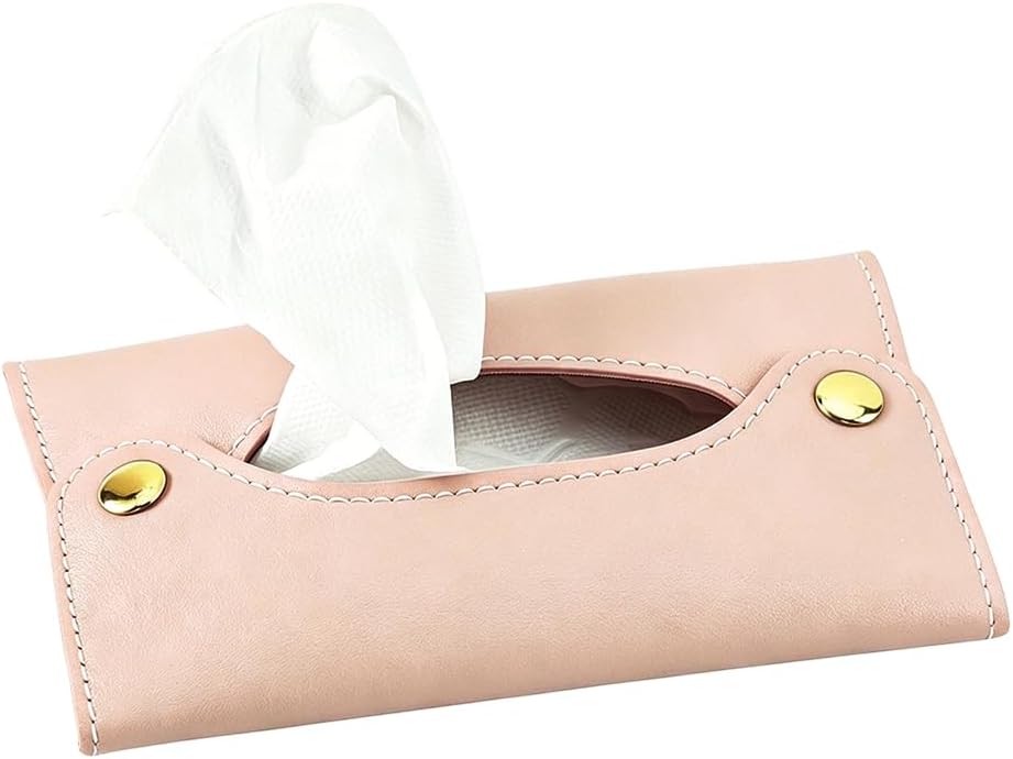 Travel PU Leather Tissue Holder Tissue Box Cover Rectangle Purse Paper Reusable Pouch Towels Storage Pocket Wipes Dispenser Hand Towels Box for Car Kitchen Table Bathroom Pink Flat