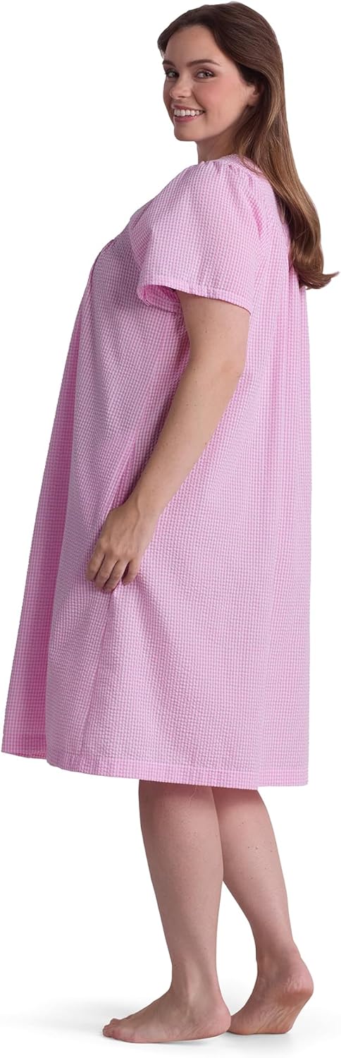 Women's Short Seersucker Robe, Snap Front and Short Sleeves, Two Front Pockets, Sleepwear and Loungewear