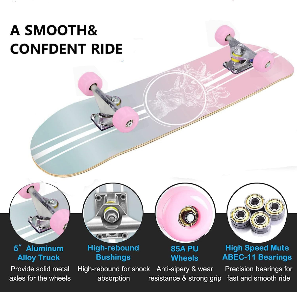 Skateboards for Beginners Kids Boys Girls and Adults 31"x8" Pro Complete Skateboard 8 Layers Maple Wood, Double Kick Concave, Fascinating Cool, Solid&Durable