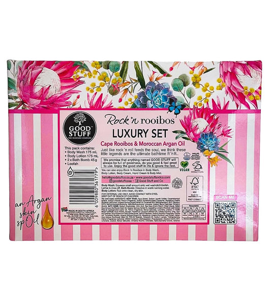 Good Stuff Pink Rock and Rooibos luxury Bath and Body gift set with body wash, lotion, Bath Bombs and a loofah