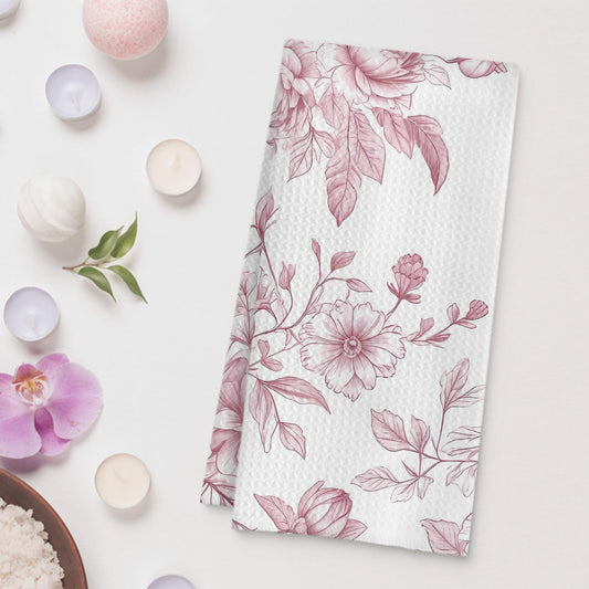 Pink Floral Kitchen Towel, 16x24 Inch, Polyester, Pink and White, Bordered, Casual, 1 Count