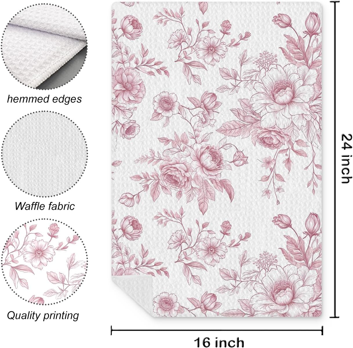 Pink Floral Kitchen Towel, 16x24 Inch, Polyester, Pink and White, Bordered, Casual, 1 Count