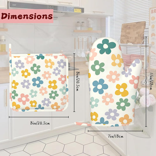 Abstract Groovy Flower Pink Heat-Resistant Silicone Oven Mitts and Pot Holder 4 Piece Set,Non-Slip Kitchen Oven Gloves for Baking, BBQ, Cooking,Grilling