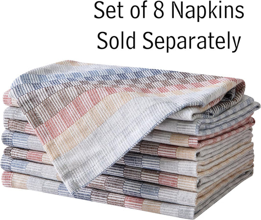 Home Bargains Plus Chester Blue and Terracotta Fabric Napkins, Set of 8, Multicolor Geometric Striped Woven Cotton-Blend Easy Care Cloth Napkins