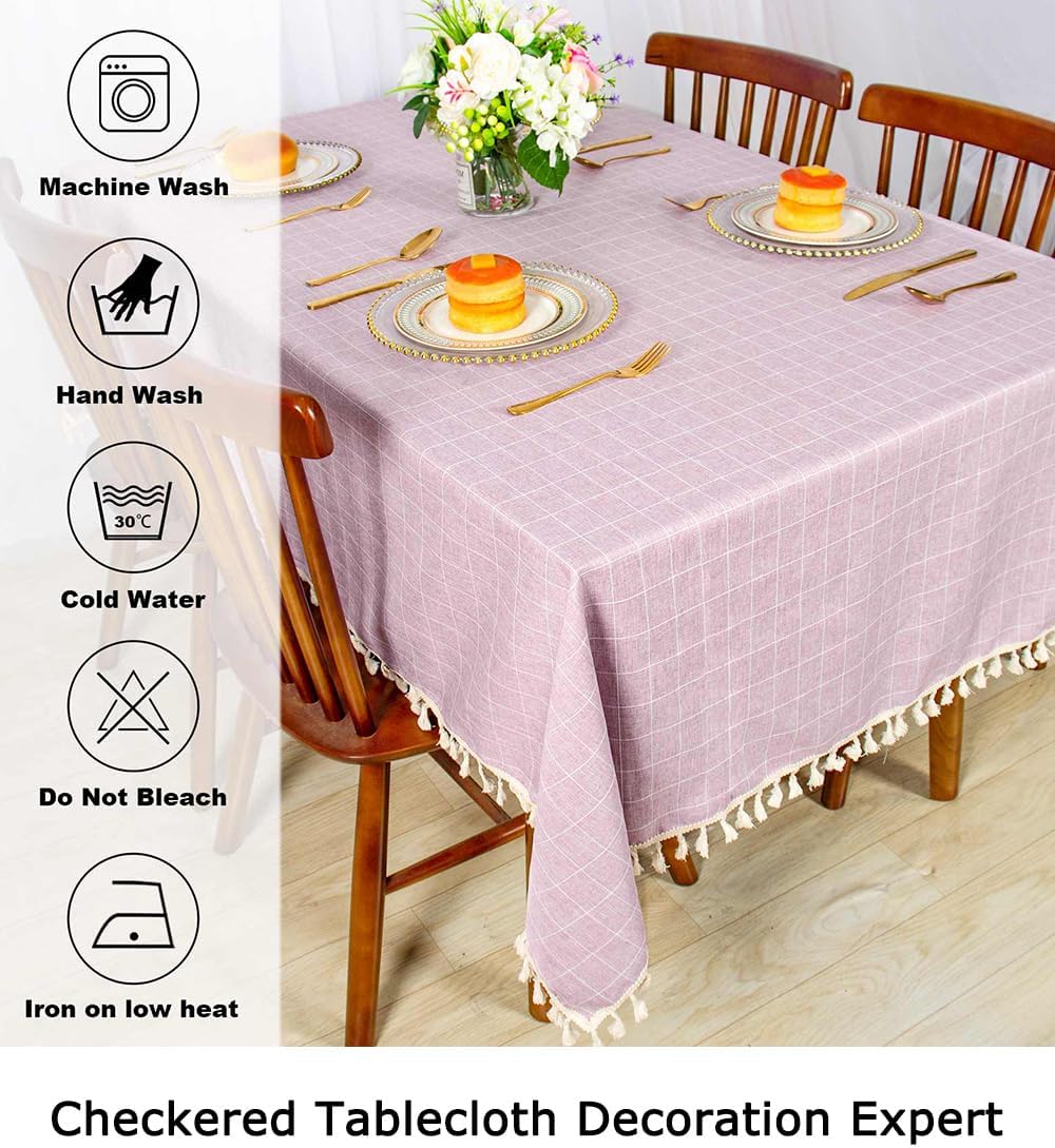 Pink & Purple Embroidered Tablecloth 55"x102" - Buffalo Plaid, Cotton, Rectangular, Washable, Rustic Decor