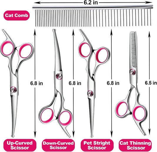 Dog Grooming Scissor, 7-in-1 Pet Grooming Scissor for Dogs, Professional Dog Grooming Kit with Safety Round Tips, Titanium Coated Cat Scissors Kit for Home Grooming (Pink)