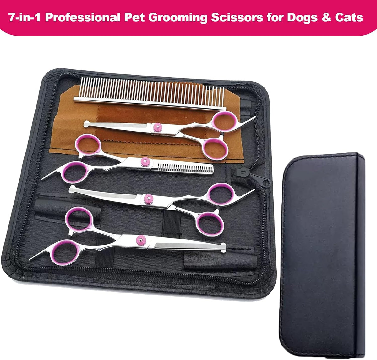 Dog Grooming Scissor, 7-in-1 Pet Grooming Scissor for Dogs, Professional Dog Grooming Kit with Safety Round Tips, Titanium Coated Cat Scissors Kit for Home Grooming (Pink)