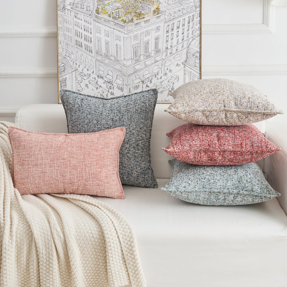 Premium Series Tweed Style Throw Pillow Cover, Linen Woven Textured Luxury Thick Cushion Case for Home Décor, Pastel Pink, 18x18 Inch