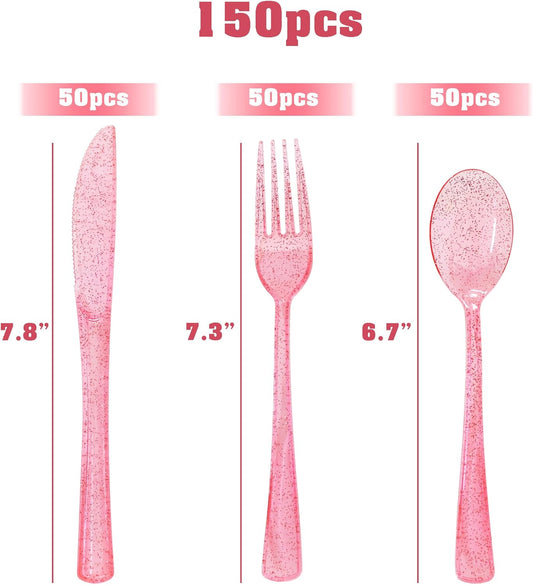 150 Pcs Pink Silverware Set Heavy Duty Pink Plastic Silverware - 50 Forks, 50 Knives, 50 Spoons for Brithday, Valentine's Day, Wedding, Baby Shower, Bridal Shower