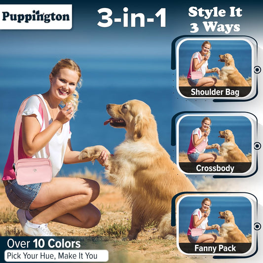 3-in-1 Crossbody Dog Treat Pouch for Pet Training - Compostable Poop Bags, Built-In Poop Bag Dispenser, Slow-Feeding Travel Dog Bowl & Reflective Leash - Dog Walking Bag (Blush Pink)