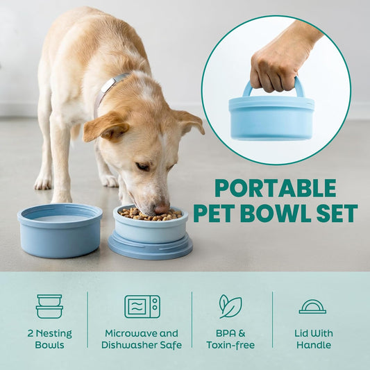 Dog Travel Bowls - Set of 2 Portable Pet Food & Water Dishes with Lid & Handle - Each Nesting Container Includes a Non-Slip Silicone Base - Microwave & Dishwasher Safe - BPA & Toxin-Free