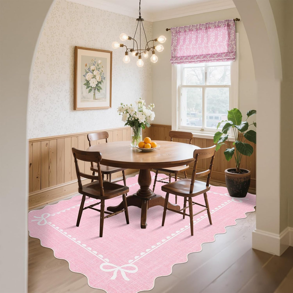 Scalloped Living Room Rugs 4x6 Washable Kids Bedroom Rug, Pink