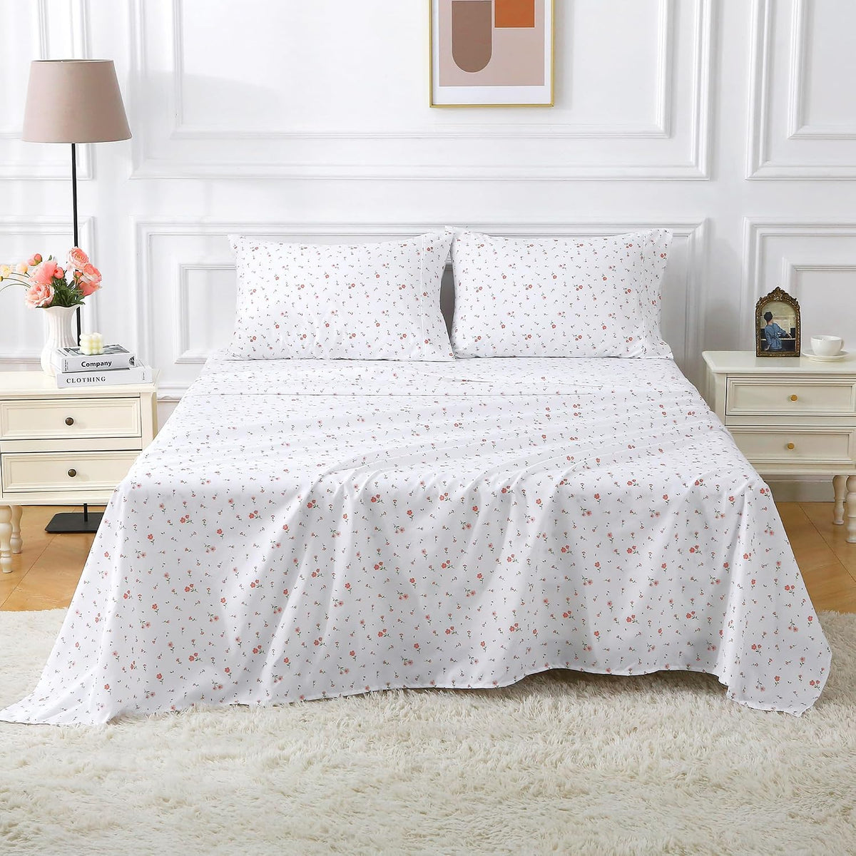 Pink Floral Queen Sheet Set Flower Bed Sheets Queen Size - 4 Piece Microfiber Patterned Fitted Bed Sheets with 15" Deep Pocket, Cozy Cute Pink Flower Sheets and Pillowcase Set