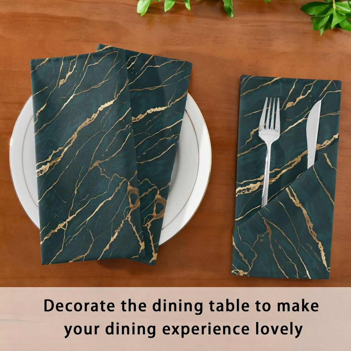 Emerald Gold Marble 20x20 Inch Cloth Napkins Set of 6, Satin Peach Skin Polyester Dinner Napkins, Washable Reusable Table Napkins with Hemmed Edges for Wedding Party Restaurant Everyday Use
