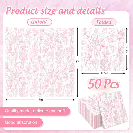 FYSUIMU 50Pcs Pink Floral Paper Napkins Pink & White Disposable Paper Spring Vintage Botanical Flower Leaf Disposable Luncheon Napkins for Bridal Baby Shower Birthday Wedding Tea Party Tableware Decor
