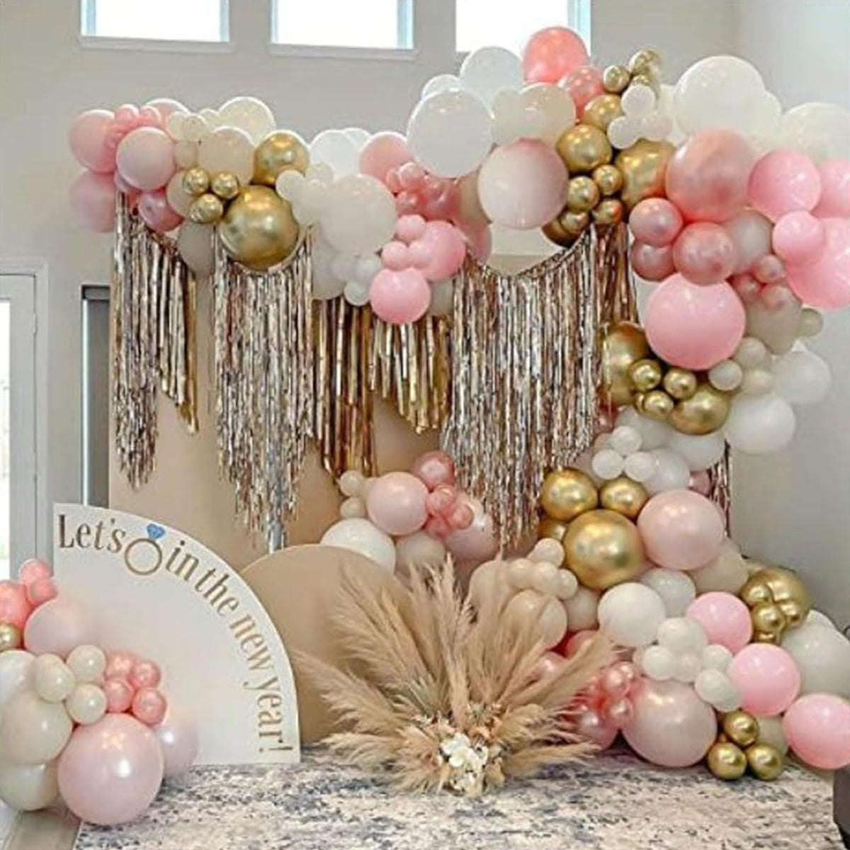 Pink and Gold Balloons, 12 Inch Pink White Metallic Chrome Gold Confetti Pink Latex Balloons with Ribbon Pink Gold Party Balloons Set for Girls Baby Shower Birthday Princess Party Decorations