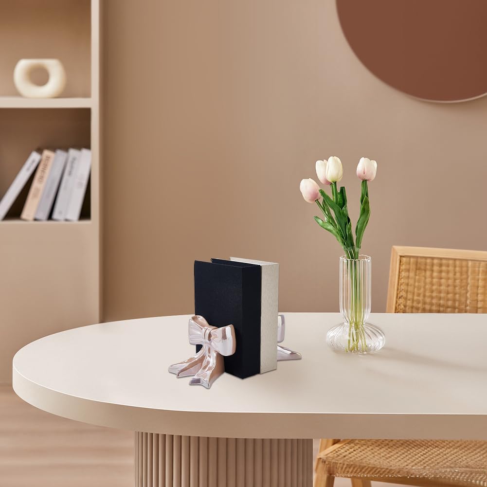1Pair Bow Ceramic Bookend Pink Bowknot Bookends Cute Book Stopper for Shelves 5.12x3.74x3.54 Inch Desktop Book Ends for Bedroom Living Room Merch Apartment Bookshelf