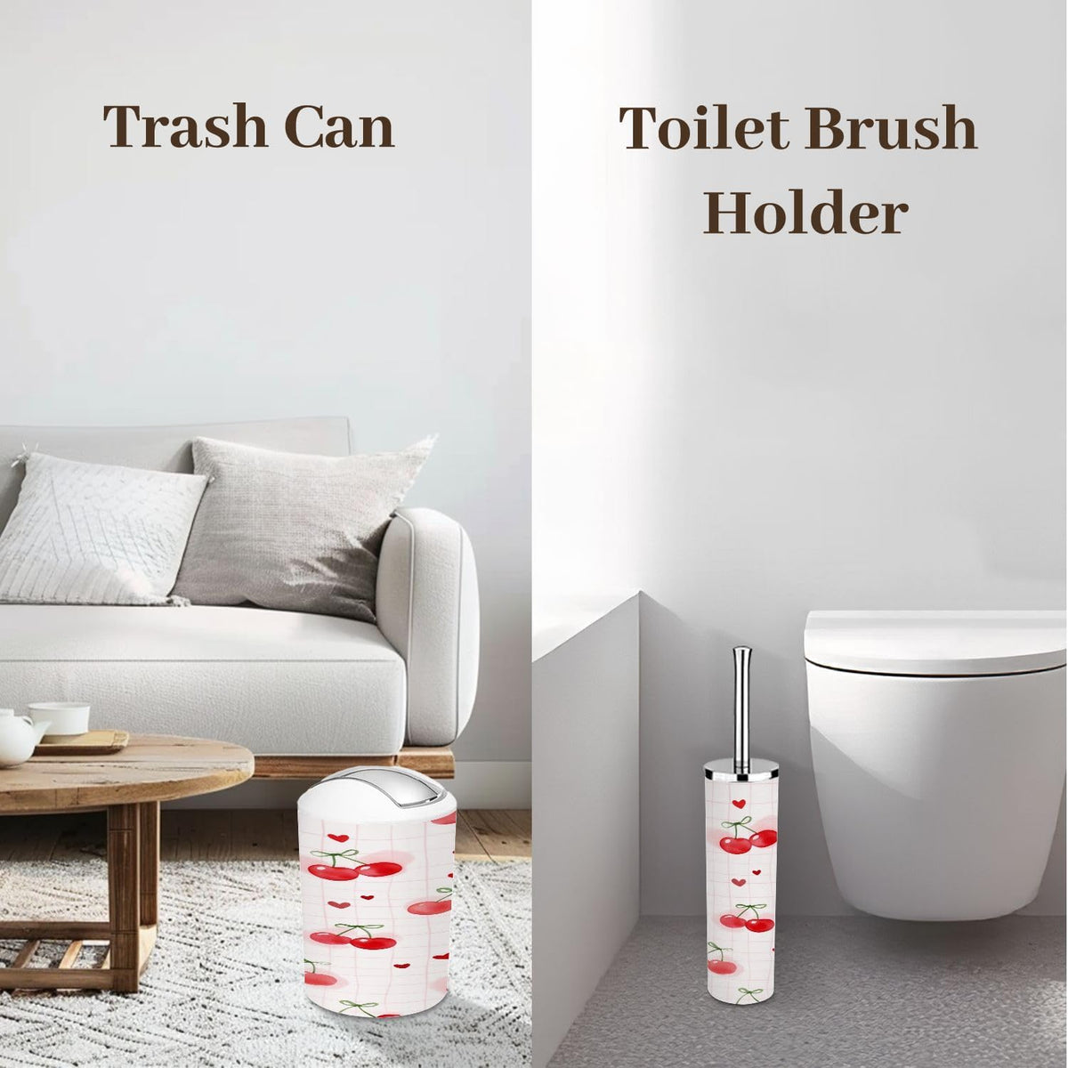 Bathroom Accessory Set 6PCS Cherries Heart Soft Pink Trash Can, Soap Dispenser, Toothbrush Holder, Toothbrush Cup, Toilet Brush Holder, Soap Dish for Gifts