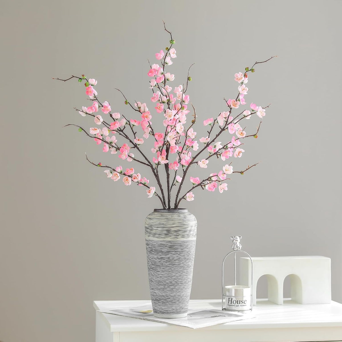 Artificial Pink Cherry Blossom Branches 3Pcs 37.8" Faux Silk Cherry Blossom, Fake Flowers with Leaves Bouquet Decorations for Home Living Room Bedroom Table Centerpiece Vase Wedding Decor