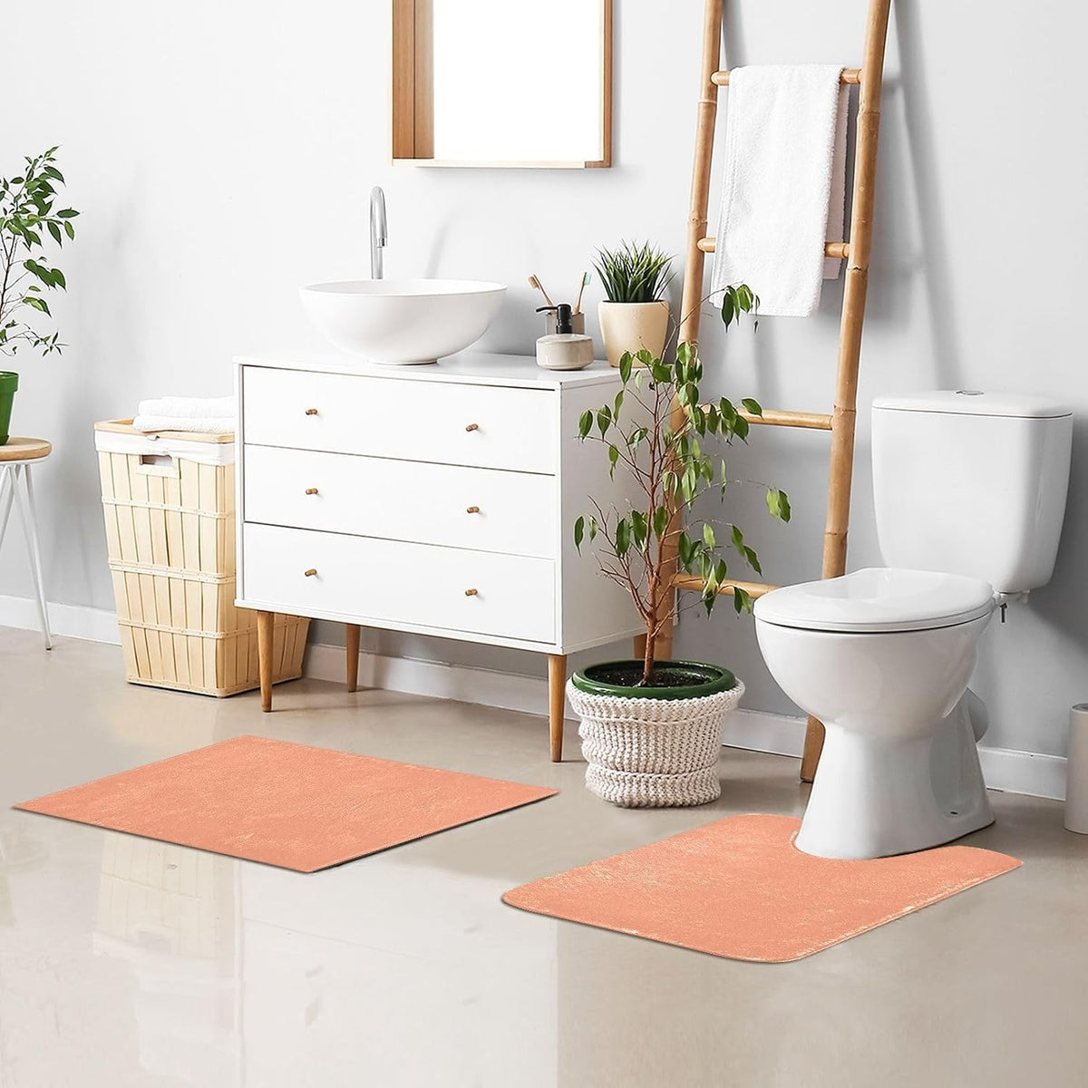Peach Color Plush Bath Rug Set, Soft Absorbent Fluffy Bathroom Mats with Non Slip TPR Backing, U Shaped Toilet Rug and Rectangle Bath Mat