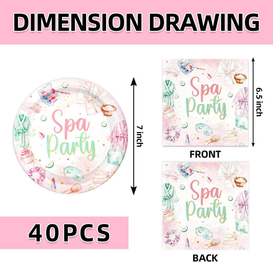 40pcs Spa Party Decorations Spa Plates and Napkins Pink Sleepover Slumber Spa Party Supplies for Little Girl Spa Sleep Over Pajama Party Supplies,Suitable for 20 Guests