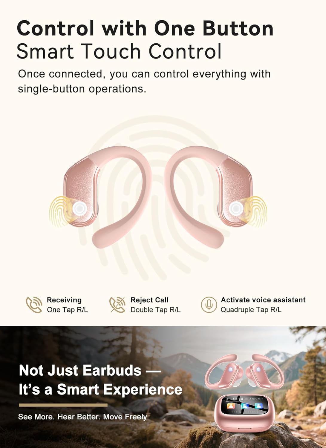 jaddsa , 2026 ENC Noise Cancelling Ear Buds with Smart Touchscreen, Bluetooth 5.4 Headphones, Bass Stereo Sound Over-Ear Earbuds, 5 EQ Modes for Sports/Travel/Gym- Rose Gold