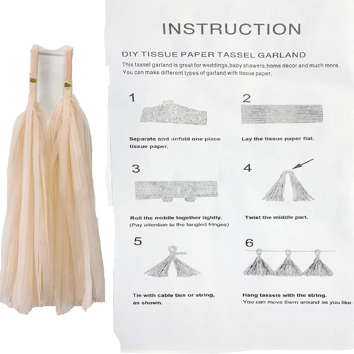 Tissue Paper Tassels Garland Banner for Party Decorations - Table Decor for Wedding, Birthday, Baby Shower, Nursery (20, Peach)