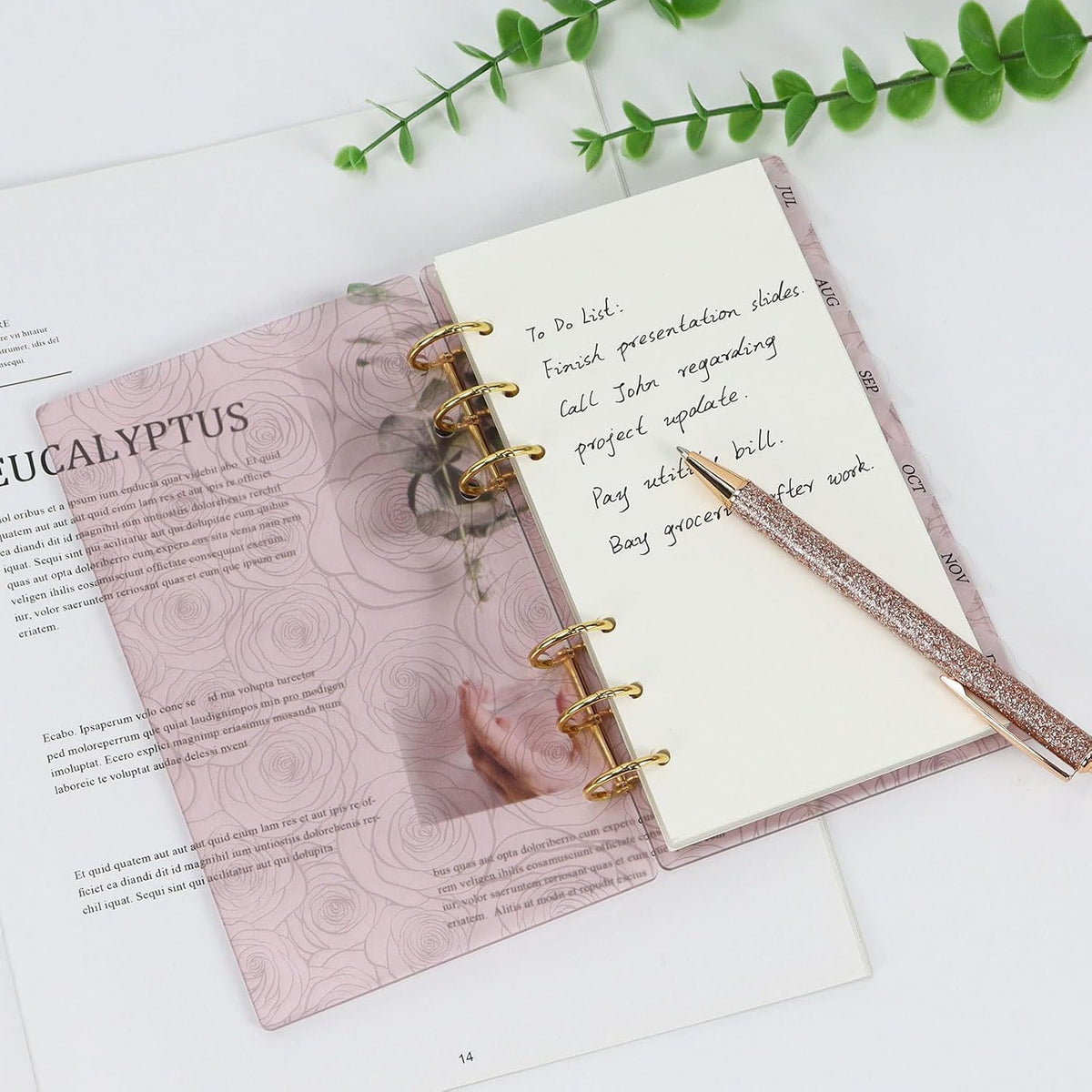 A6 Pink Acrylic Binder, 6-Ring Clear Cover with Metal Round Rings, Includes 1 Pack Blank Refills for Personal Planner (Pink Rose, A6)