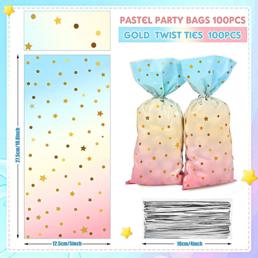100 Pcs Pastel Cellophane Bags Rainbow Party Favors Bag Star Dot Treat Goodie Candy Plastic Gift Pink Blue Tie Dye Wrapping Clear Cello for Baby Shower Birthday Decoration Supplies