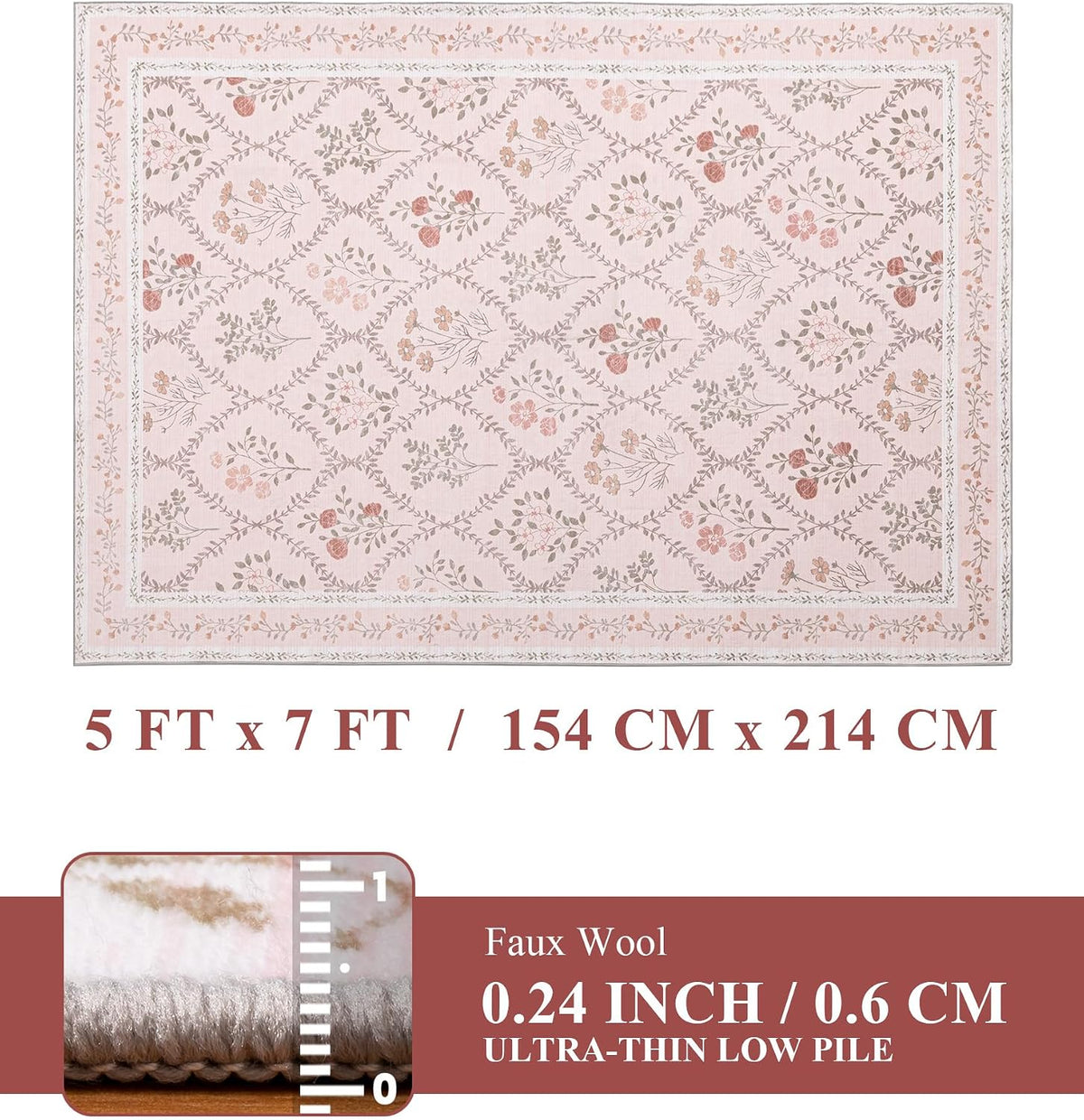 5x7 Pink Floral Rug for Bedroom Girls, Washable Area Rugs for Living Room Non Slip Ultra-Thin, Soft Throw Carpet for Nursery, Kids Playroom, Classroom, Home Office Decor