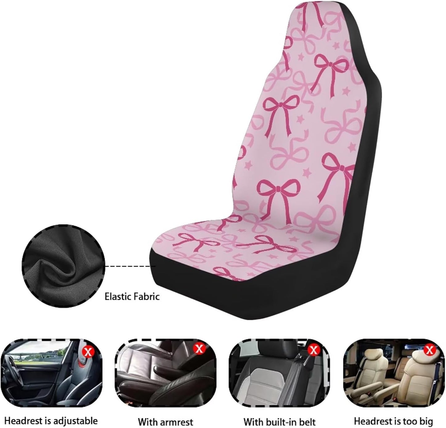 Pink Bow Print Car Seat Covers Front Seats Only for Women, 2 Piece Universal Washable High Back Bucket Seat Covers for Most Cars SUV Trucks, Cute Car Accessories for Girly Interior