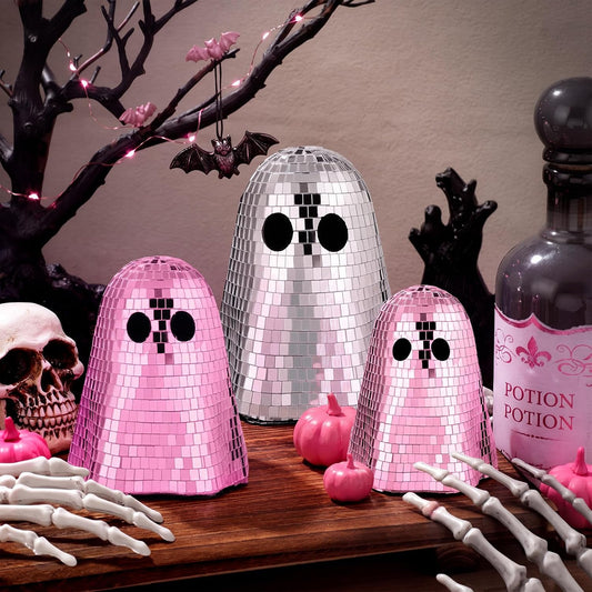 3 Pcs Halloween Disco Ghost Decor 6'' 5'' 4'' Glitter Ornament, Pink