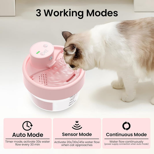 Cat Water Fountain, 1L Wireless Water Fountains for Cats Indoor - Battery Operated Cat Fountains for Drinking with Filter/Motion Sensor/Silent Pump