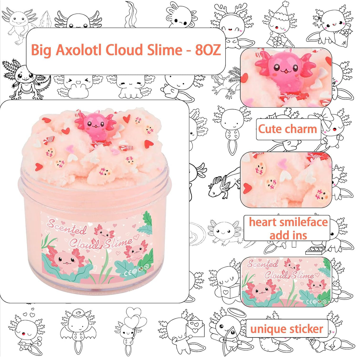 Axolotl Cloud Slime, Premium DIY Scented Slime for Boys Girls, Party Favors for Kids 8-12, Girls Toys 4-8 Years Old, Slimes Kit for Kids Ages 8-12, Relief Fidget Toy, Sensory Toy