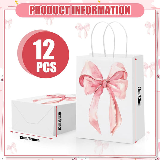 12PCS Coquette Pink Bow Paper Gift Bags, Party Favor Bags, Pink Goodie Bags for Birthday&Bachelorette Party Decoration Coquette Bow Gift Pouches with Handles 8.3x5.9x3.1 Inch