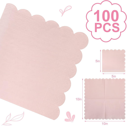 Fuutreo 100 Pcs Scalloped Cocktail Napkins Thick Paper Disposable Party Napkins Beverage Tissue for Wedding Dinner Birthday Supplies, 5 x 5 Inches(Light Pink)