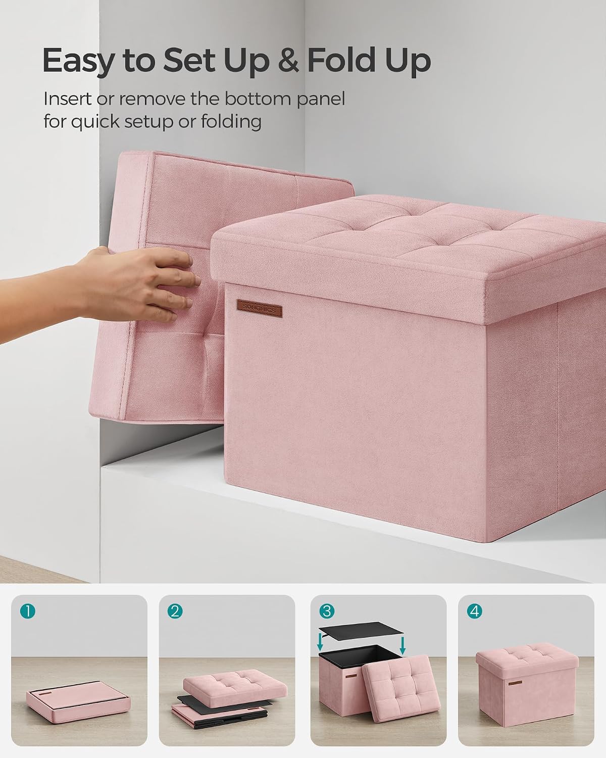 SONGMICS Small Folding Storage Ottoman, 12.2 x 16.1 x 12.2 Inches