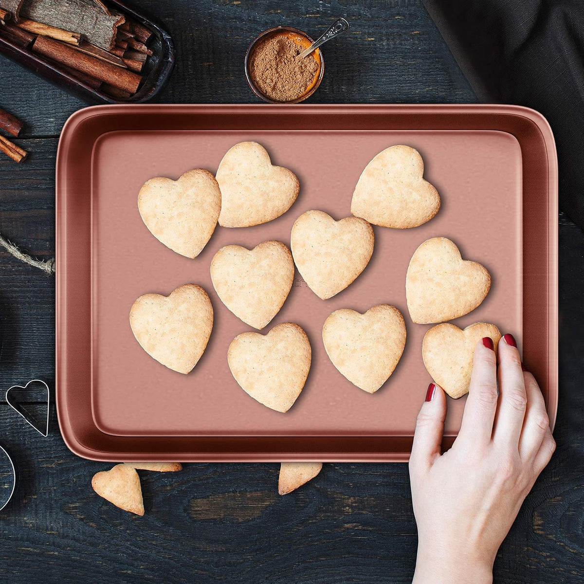 NutriChef Nonstick Cookie Sheet Baking Pan - 2pc Large & Medium Metal Oven Baking Tray, Professional Quality Kitchen Cooking Non-Stick Bake Trays w/ Rimmed Borders, Rose Gold