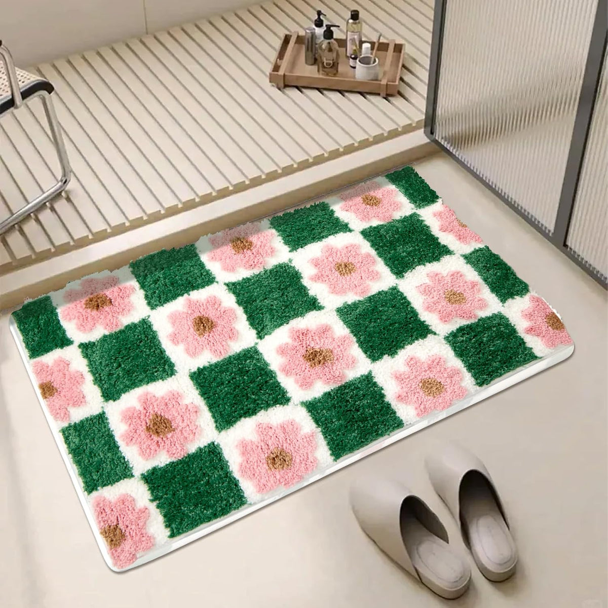 Cute Green Bathroom Rug Checkered Pink Floral Bath Mat Soft Microfiber Non Slip Washable Absorbent Rugs for Laundry Sink Floor Decor, 20x32 inch