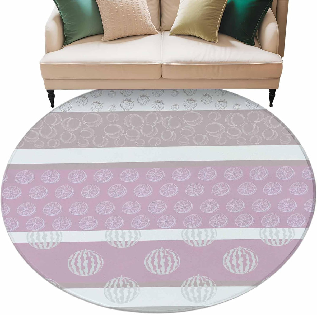 Farm Fruits Round Area Rug 7Ft, Non Slip Circle Area Rugs for Living Room, Watermelon Lemons Peach Pink Grey Striped Washable Low Pile Indoor Floor Carpet Door Mat for Bedroom Kitchen Dining Room
