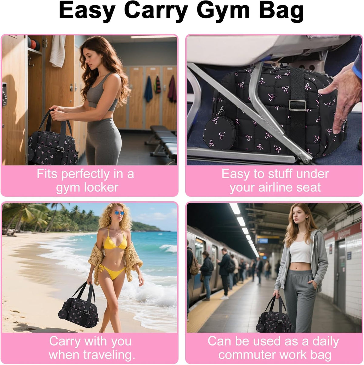 Mini Gym Bag for Women, Small Gym Tote Bag Puffy Quilted Sports Duffel Bag with Wet Compartment and Coin Purse Duffel Bags Dance Yoga Workout Bag for Gifts (Black Pink Bow, Mini-12.6")