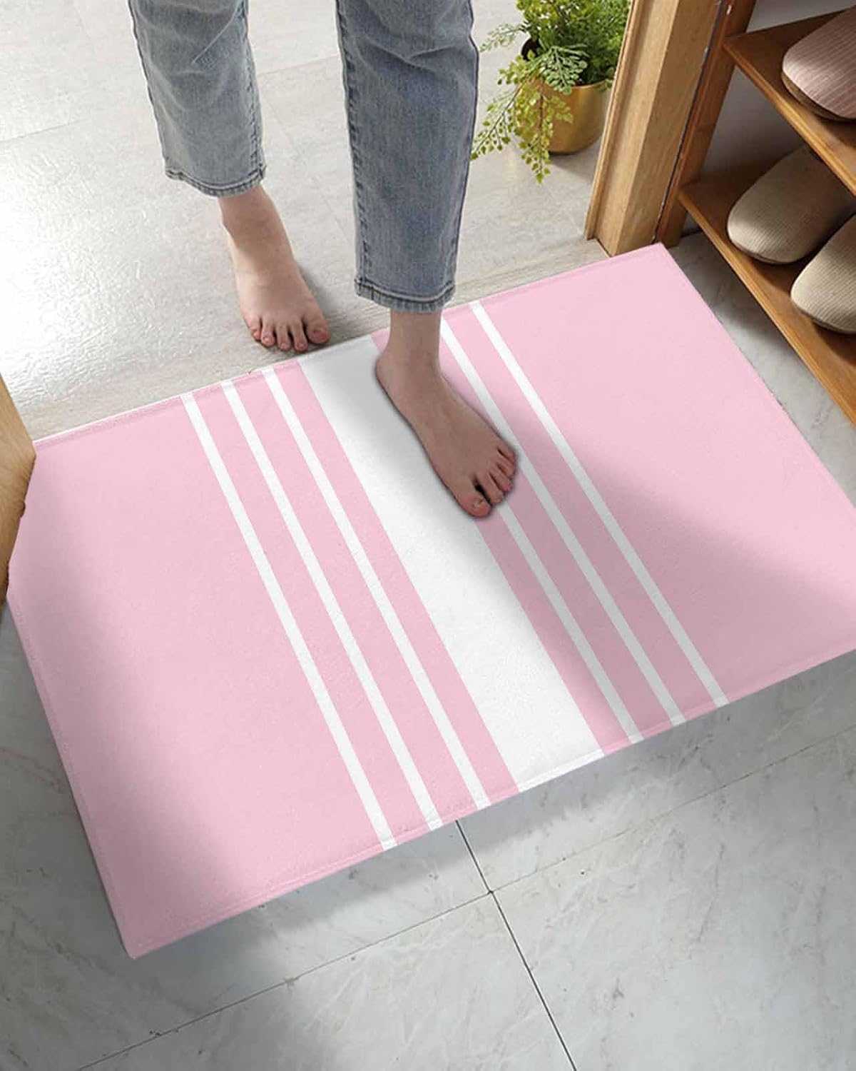 Bathroom Rug Bath Mat,Modern Pink Stripes Absorbent Non Slip Soft Microfiber Shaggy Plush Bath Rugs for Shower,Abstract Geometric Line 16"x24"